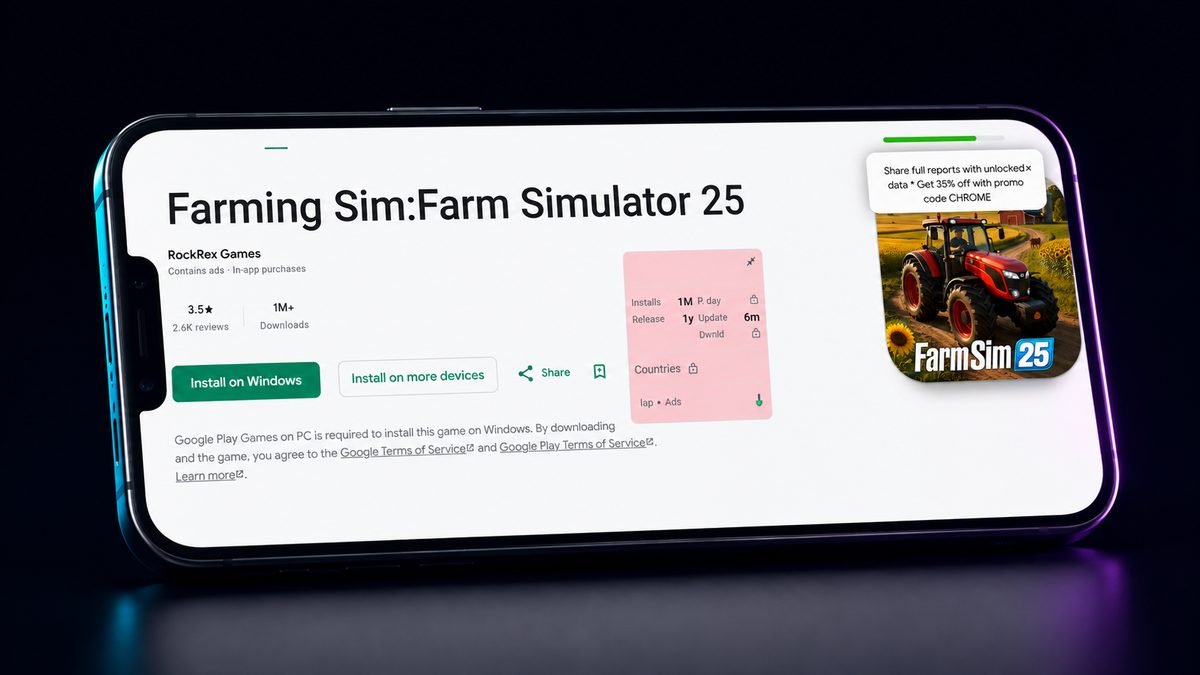 Farming Sim Farm Simulator 25 Google Play listing showing 1M+ downloads