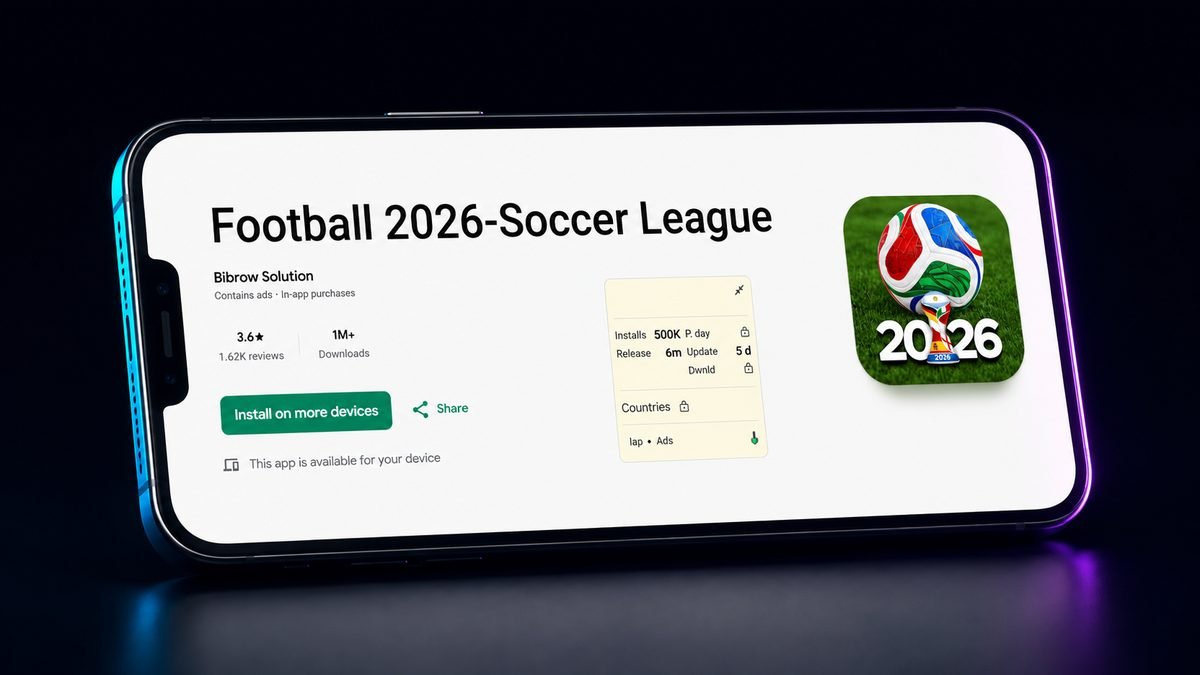 Football 2026 Soccer League Google Play listing showing 1M+ downloads