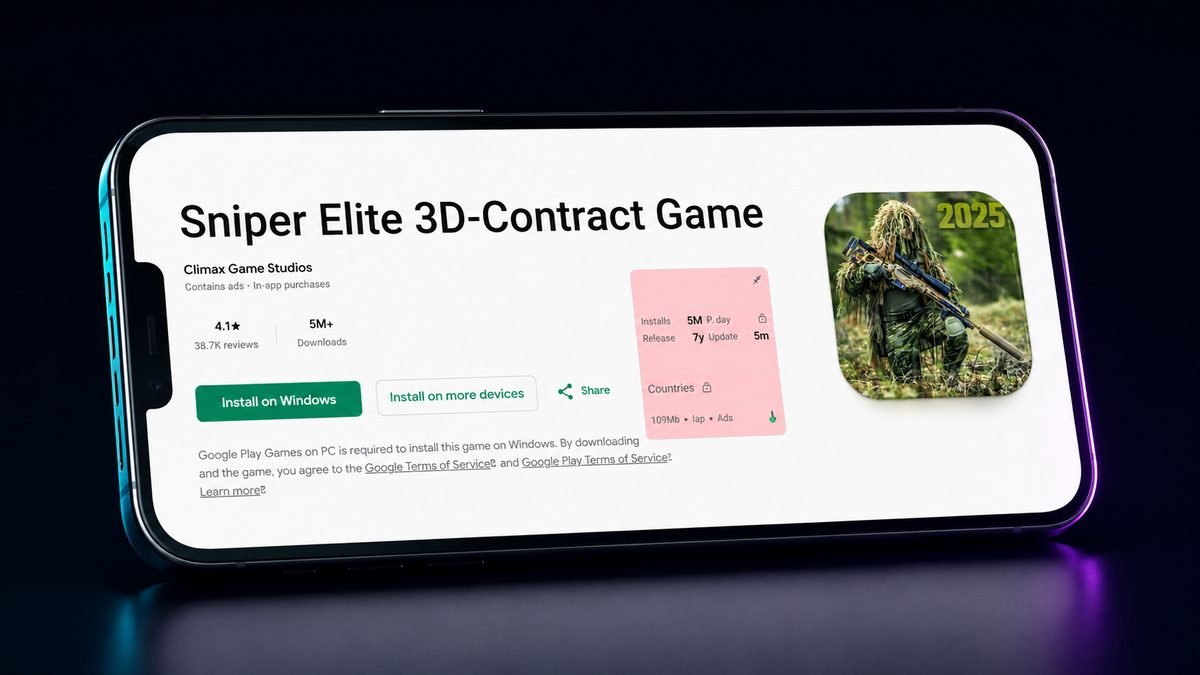 Sniper Elite 3D Contract Game Google Play listing showing 5M+ downloads
