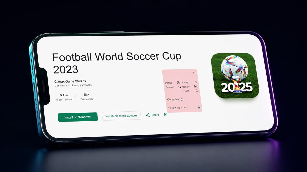 Football World Soccer Cup 2023 Google Play listing showing 5M+ downloads